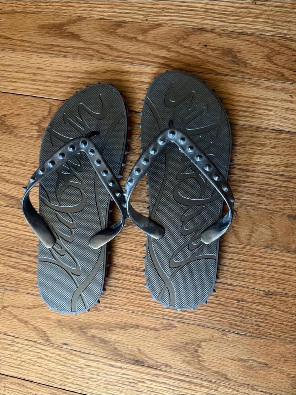 Black Studded Slide Sandals with Red Soles